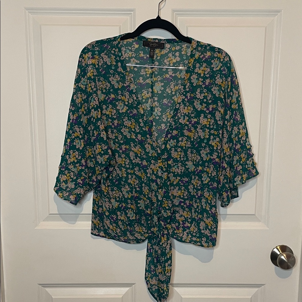 Jessica Simpson Green Floral Tie-Front Blouse with Brass Buttons Women’s Medium